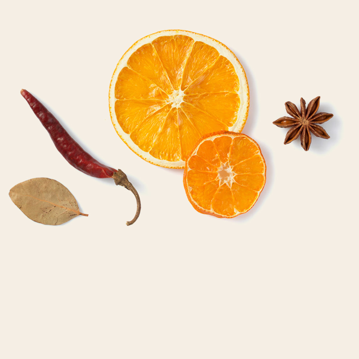 Dried citrus, chili, bay leaf, and star anise — alcohol-free cocktail ingredients